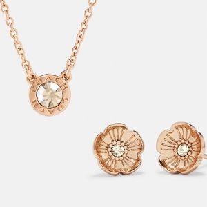 NWT COACH Open Circle Necklace And Tea Rose Stud Earrings Set - rose gold